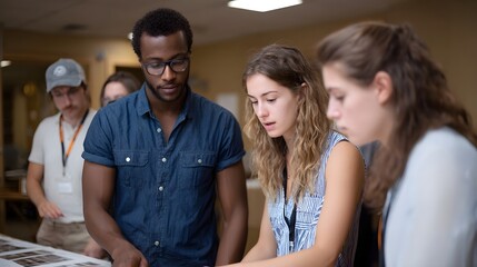 Obraz premium Diverse young adults collaborate and discuss projects around a table in an indoor setting