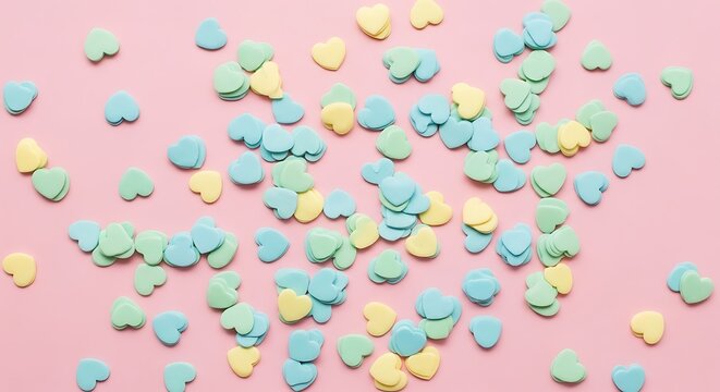 Colorful collection of scattered pill-shaped objects on a pastel background