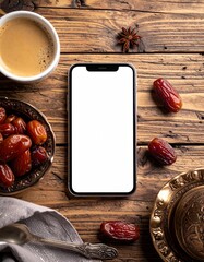 Smartphone with blank screen on wooden table with dates and coffee suitable for ramadan mockup