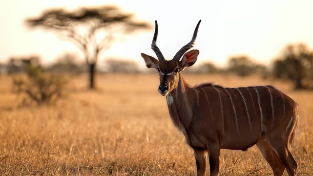 Majestic Greater Kudu standing in savannah grassland with acacia trees at sunrise, slow motion, cinematic lighting, symbolizing wildlife conservation.