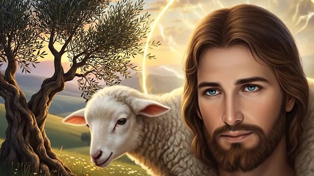 Jesus Good Shepherd Carrying Lamb at Sunrise