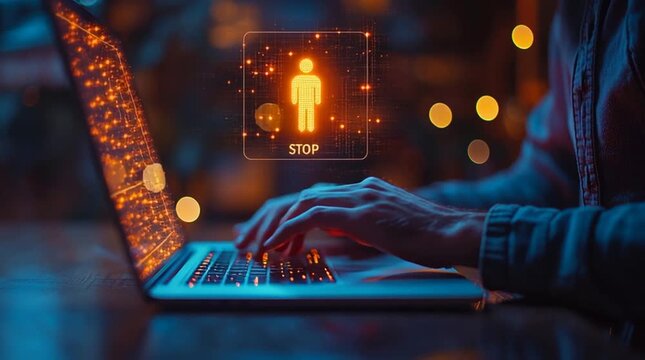 Cyber security concept with human hands typing on laptop and glowing digital stop sign warning icon