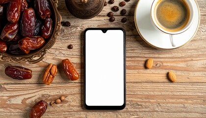 Smartphone with blank screen on wooden table with dates and coffee suitable for ramadan mockup