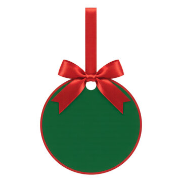 Green christmas ornament isolated on transparent background with red ribbon