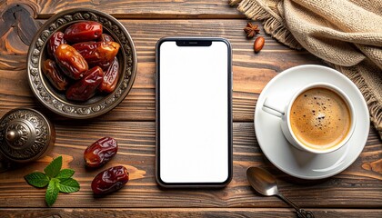 Smartphone with blank screen on wooden table with dates and coffee suitable for ramadan mockup