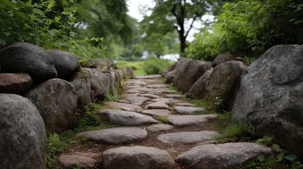 Fototapeta premium A winding stone pathway lined with large rocks through a serene lush green park landscape