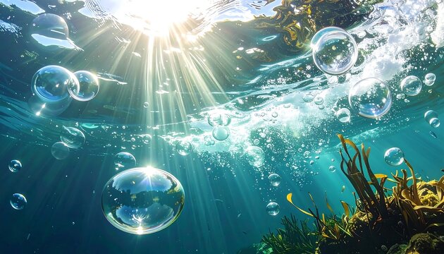 Underwater scene with sunlight filtering through, bubbles rising