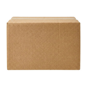 Closed brown cardboard box front view isolated
