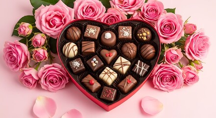 Elegant heart-shaped box of chocolates surrounded by pink roses.