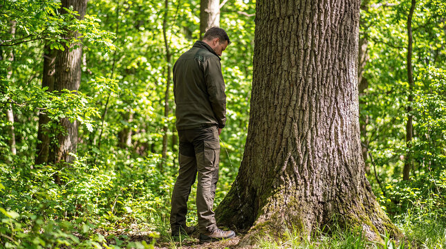 Standing Man Urinating Near Large Tree in Summer Forest