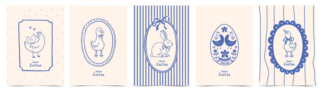 Easter greeting card set with geese, chickens, egg, bows, bunny and frames in whimsical vintage doodle hand drawn style. Vector design template for poster, invitation, banner, cover, label