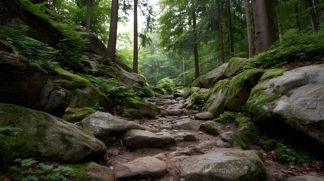 A picturesque narrow and rugged stone path ascends through a dense green forest filled with moss covered rocks and tall trees creating a serene