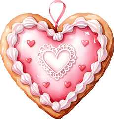 Heart shaped cookie with pink icing decoration watercolor illustration
