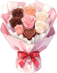 Bouquet of rose shaped chocolates wrapped with ribbon watercolor illustration