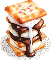 Chocolate and marshmallow s'more dessert with dripping chocolate watercolor illustration