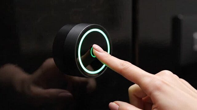Close up view of a human hand finger pressing a modern smart doorbell button featuring a futuristic digital design and glowing interface for home security automation and visitor access control.