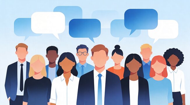 Flat vector illustration of a diverse crowd of people standing in a row, multicultural men and women, business and casual clothing, minimalistic faces, modern corporate style, multiple speech bubbles 