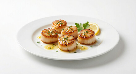 Seared Scallops with Garlic Butter and Parsley on White Plate, Isolated on White Background.