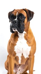 Obraz premium Portrait of a brown and white boxer dog, alertly looking off to the left, isolated on a clean white background