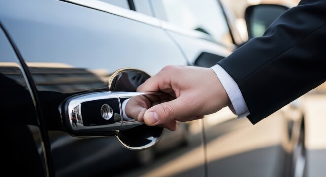 Professional chauffeur opening door of black luxury car for passenger