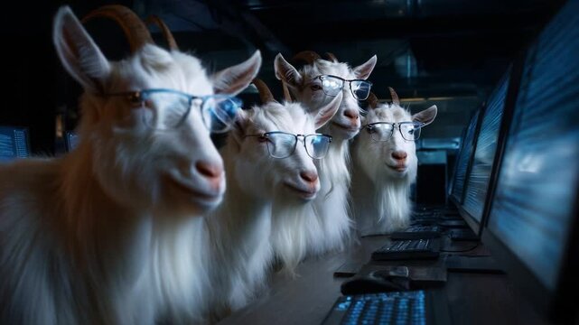 A group of four intelligent-looking goats wearing glasses gathered around computer screens, immersed in lines of code, showcasing a humorous take on animals engaging in technology and digital work.