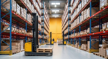 Warehouse with shelves, boxes, and forklift