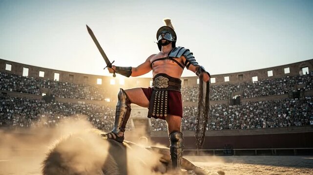 Roman Gladiator Stands Over Subdued Lion in Colosseum Arena