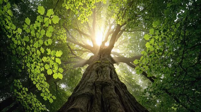 Majestic tree with vibrant green leaves and sun rays shining through, slow motion, cinematic, symbolizing growth and nature.
