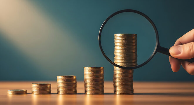 Coins stacked in ascending order under magnifying glass