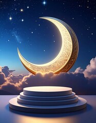 Ramadan crescent moon with podium stage display 3D Islamic holy month night sky product mockup