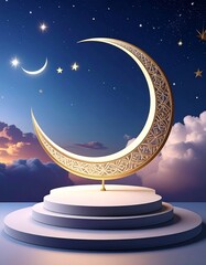 Ramadan crescent moon with podium stage display 3D Islamic holy month night sky product mockup