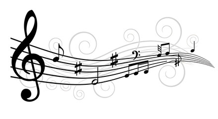 Naklejka premium Flowing musical notes on wavy staff lines over white background