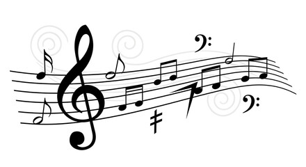 Black musical symbols and notes on curved lines illustration