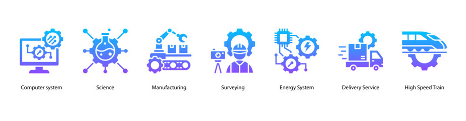 Obraz premium Advanced Technology Systems web banner icon vector illustration featuring Computer System, Science, Manufacturing, Surveying, Energy System, Delivery Service, and High Speed Train.