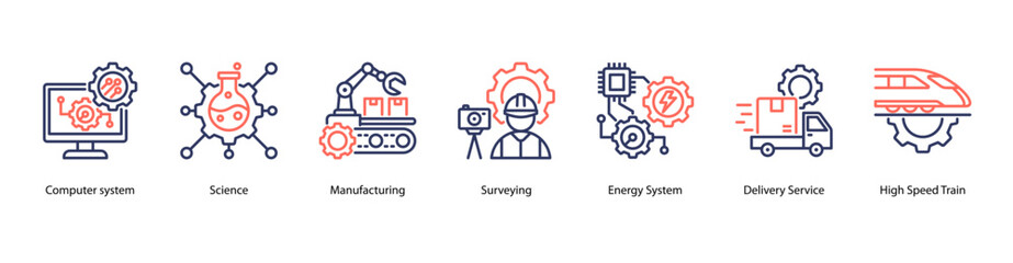 Advanced Technology Systems web banner icon vector illustration featuring Computer System, Science, Manufacturing, Surveying, Energy System, Delivery Service, and High Speed Train.
