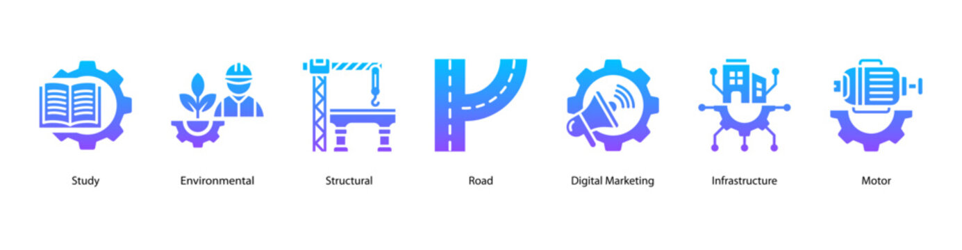 Modern Engineering Fields web banner icon vector illustration featuring Study, Environmental, Structural, Road, Digital Marketing, Infrastructure, and Motor.