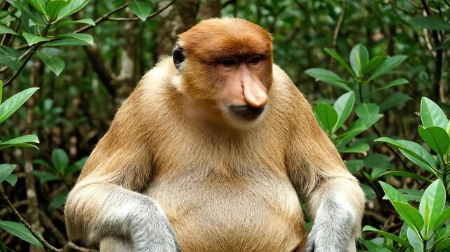 Proboscis Monkey Eating Green Leaves in a Tropical Rainforest
