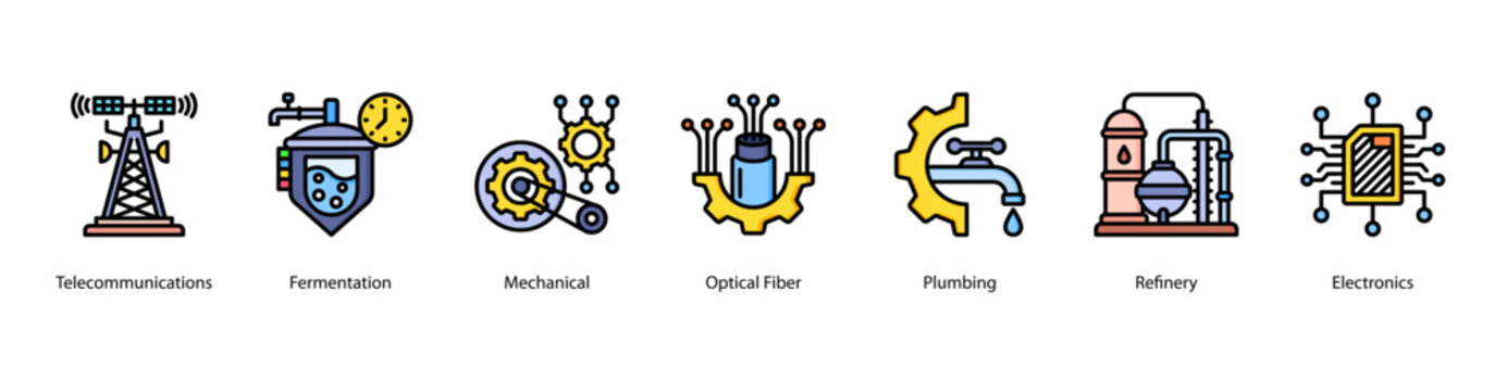 Industrial Communication and Processing web banner icon vector illustration featuring Telecommunications, Fermentation, Mechanical, Optical Fiber, Plumbing, Refinery, and Electronics.