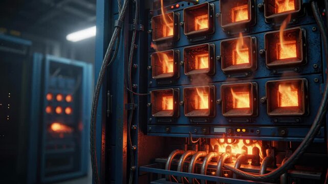 Intense fire destroying server rack symbolizes dangerous ai energy crunch as burning hardware malfunctions in hot data center