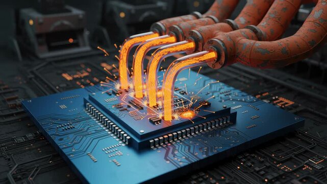 Advanced AI Processor Chip Handling Heavy Data Crunch With High Glowing Orange Energy Flow On Futuristic Blue Technology Circuit