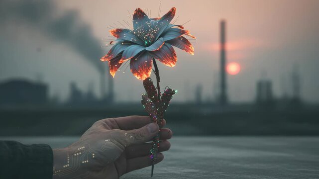 Lonely Hand Holds Surreal AI Flower Glowing With Industrial Energy Amid Factory Metal Crunch And Polluted Smoke Sunset
