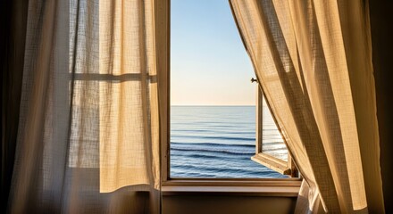 Fototapeta premium Ocean View Through Window With Sheer Curtains Serene Coastal Escape