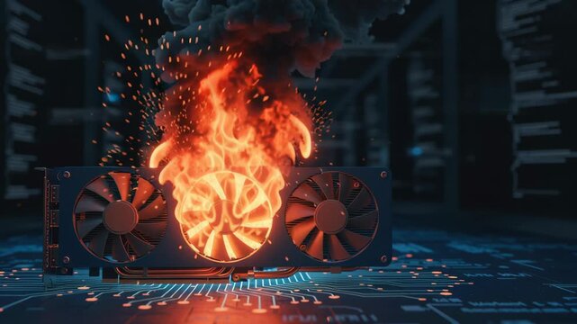 Intense Fire Burn Destroys Overheating GPU During Massive AI Energy Crunch Causing Dangerous Hardware Failure Smoke Disaster
