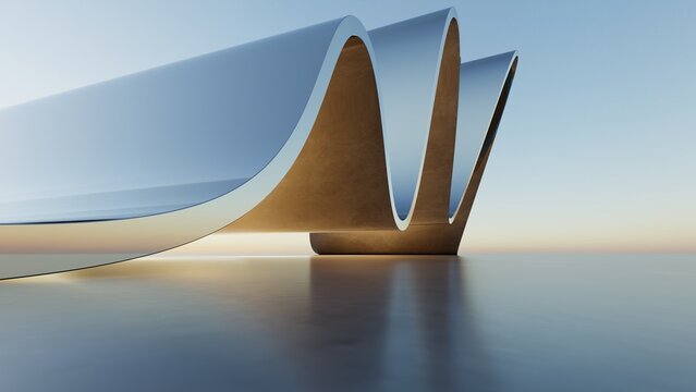 Abstract architecture background, Curved Glass or metallic Building is on empty concrete floor, Scene for car presentation, Modern Exterior, 3D rendering