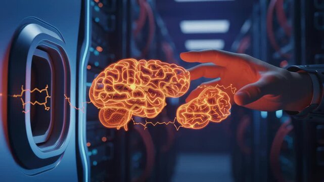 Futuristic digital hand holding glowing AI brain with raw energy ready to crunch big data in modern technology server center