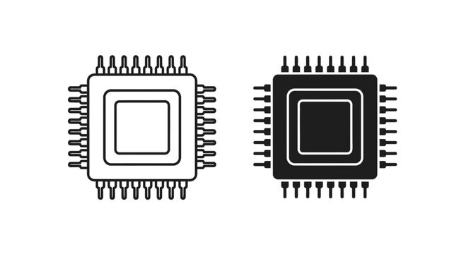 Microchip Processor Icon Set &ndash; CPU Technology Outline Solid Symbols