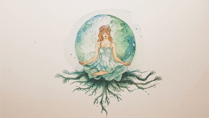 Woman meditating in serene nature, sitting on roots with globe behind her