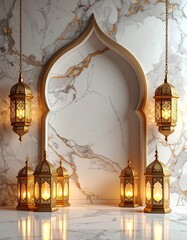 Elegant Ramadan background with golden lanterns on marble texture.