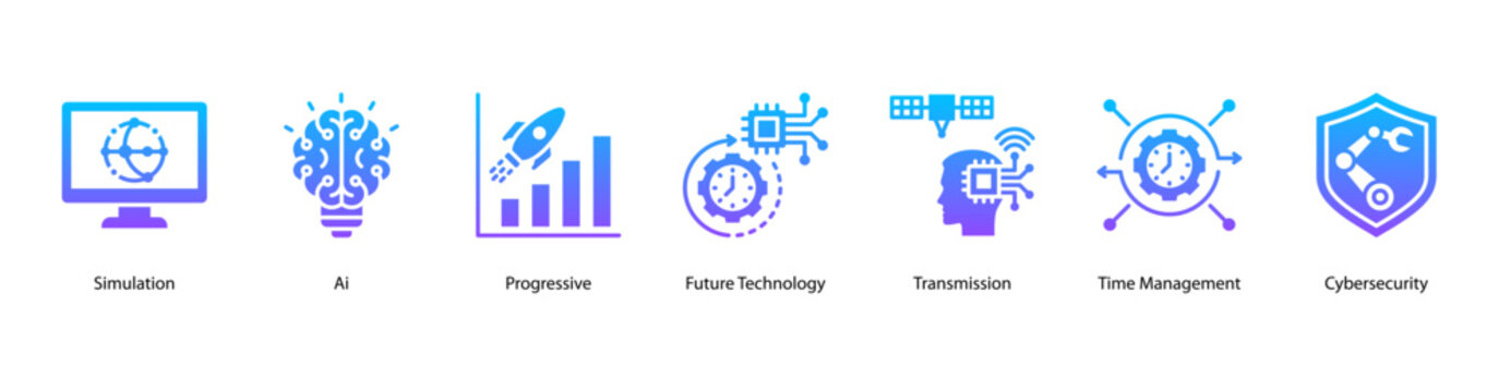 Digital Future and Cyber Defense web banner icon vector illustration featuring Simulation, AI, Progressive, Future Technology, Transmission, Time Management, and Cybersecurity.