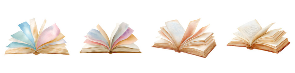 Fototapeta premium Set of Beautiful Watercolor Open Book Illustrations